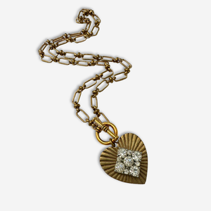 Large solid brass heart pendant with vintage clear rhinestone embellishment on brass toggle chain (Copy)