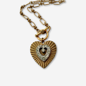 Large solid brass heart pendant with vintage clear rhinestone embellishment on brass toggle chain