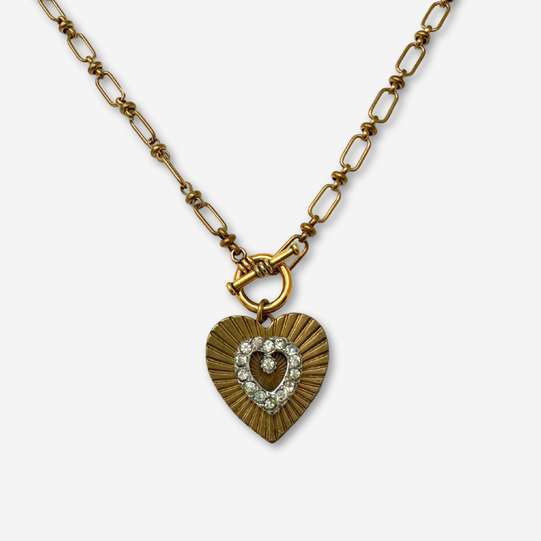 Large solid brass heart pendant with vintage clear rhinestone embellishment on brass toggle chain