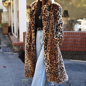 Leopard Pattern Faux Fur Long Coat