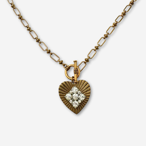 Large solid brass heart pendant with vintage clear rhinestone embellishment on brass toggle chain (Copy)