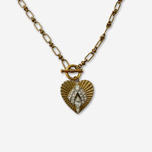 Large solid brass heart pendant with vintage clear rhinestone embellishment on brass toggle chain