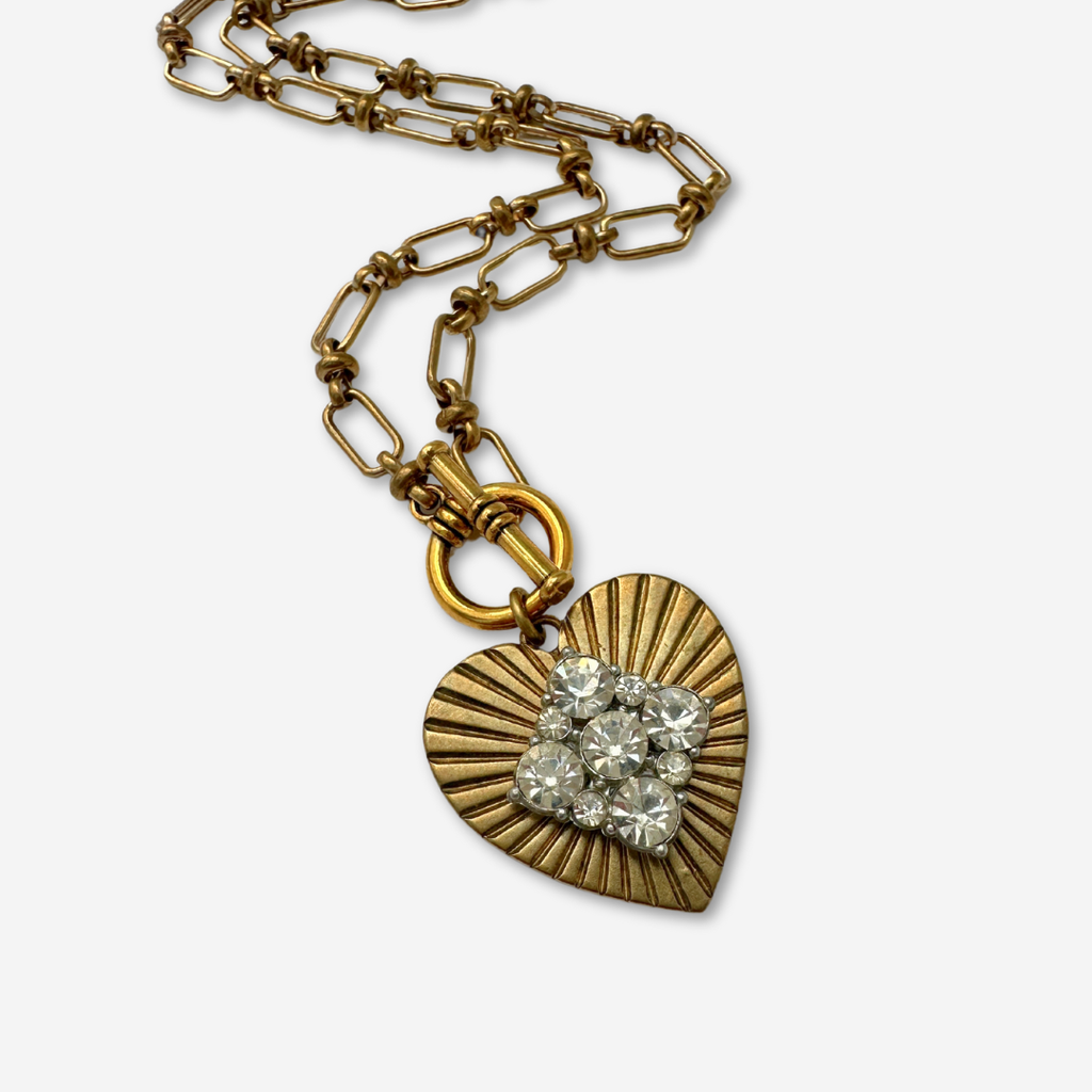 Large solid brass heart pendant with vintage clear rhinestone embellishment on brass toggle chain (Copy)