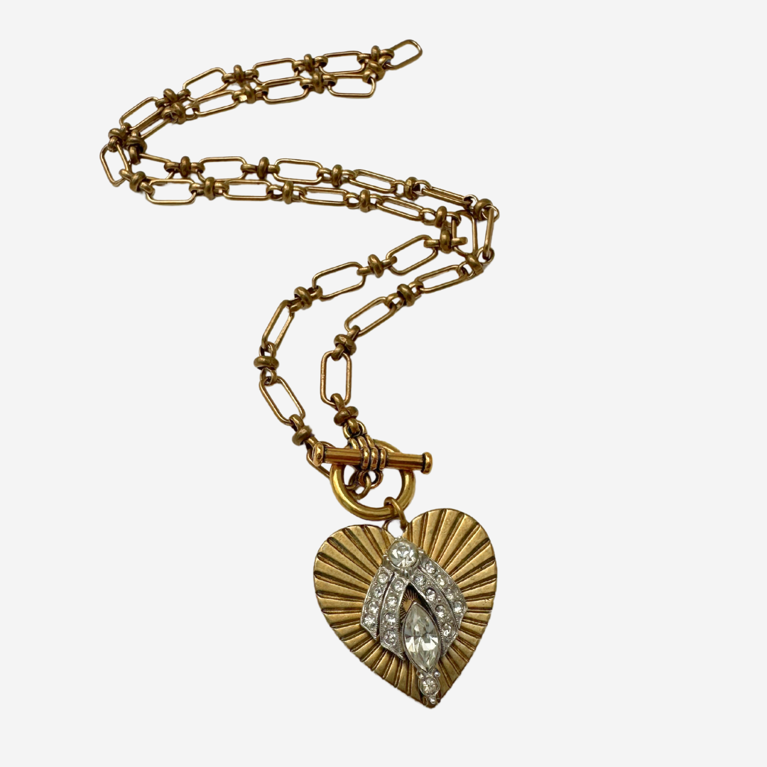 Large solid brass heart pendant with vintage clear rhinestone embellishment on brass toggle chain