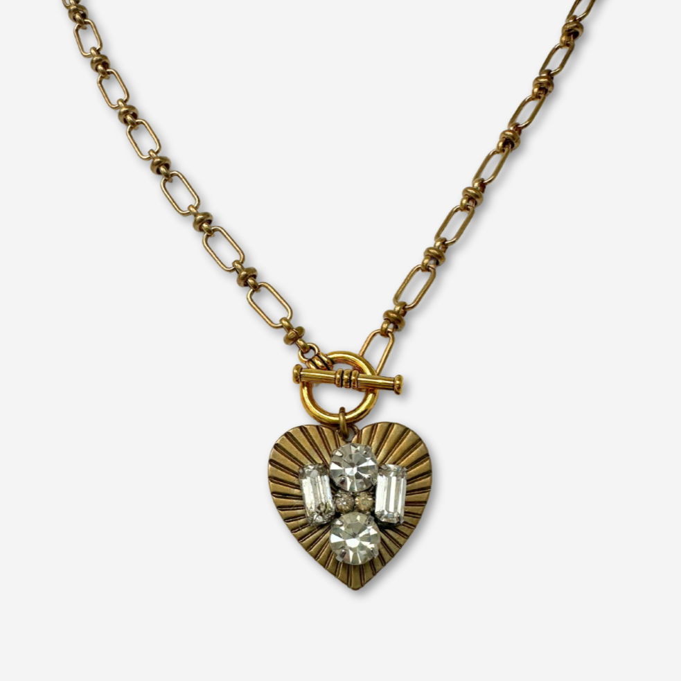 Large solid brass heart pendant with vintage clear rhinestone embellishment on brass toggle chain