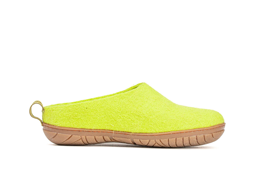 Woollyes outdoor open heel slippers with rubber sole - lime green