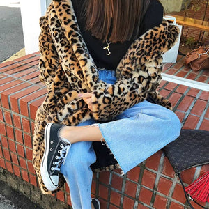 Leopard Pattern Faux Fur Long Coat