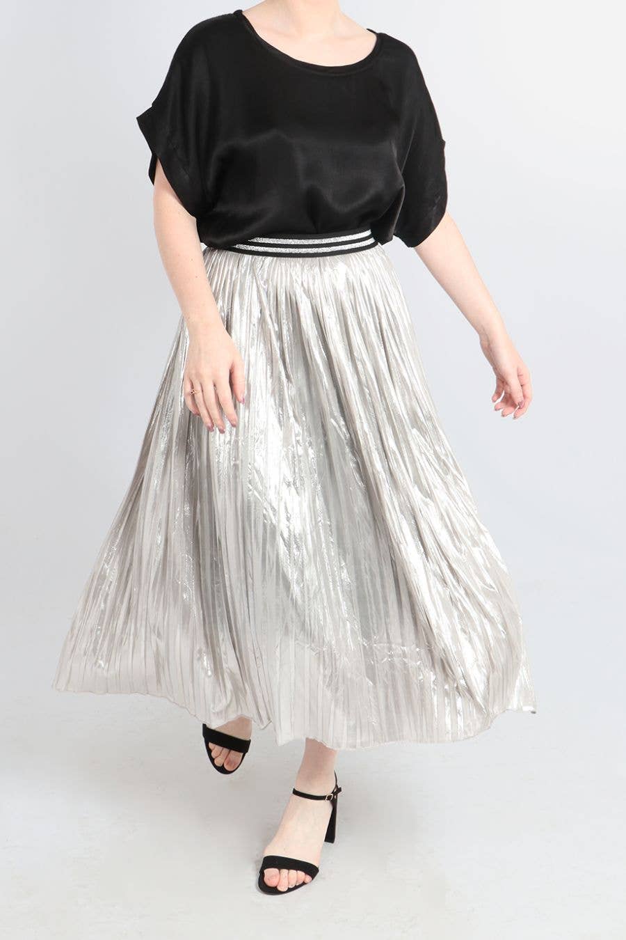 Silver Foil Pleated Skirt with Glitter Stripe Waistband